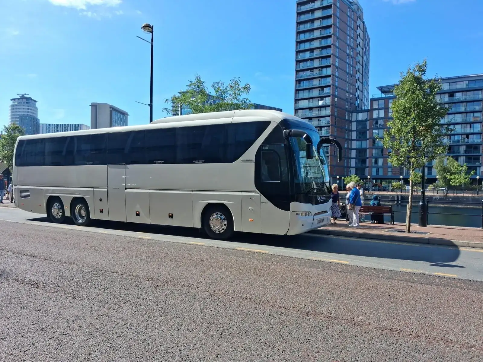 Leap Travel 55-seat Tourliner coach at Salford Quays