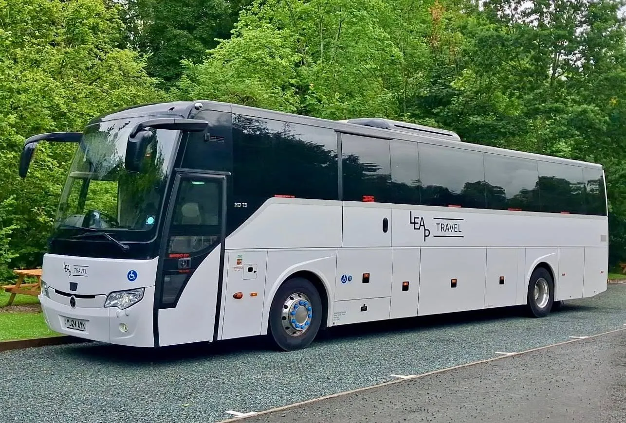 Leap Travel 57-seat coach at Ingleton Falls
