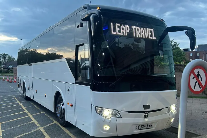Leap Travel 57-seat Temsa coach at Manchester Airport