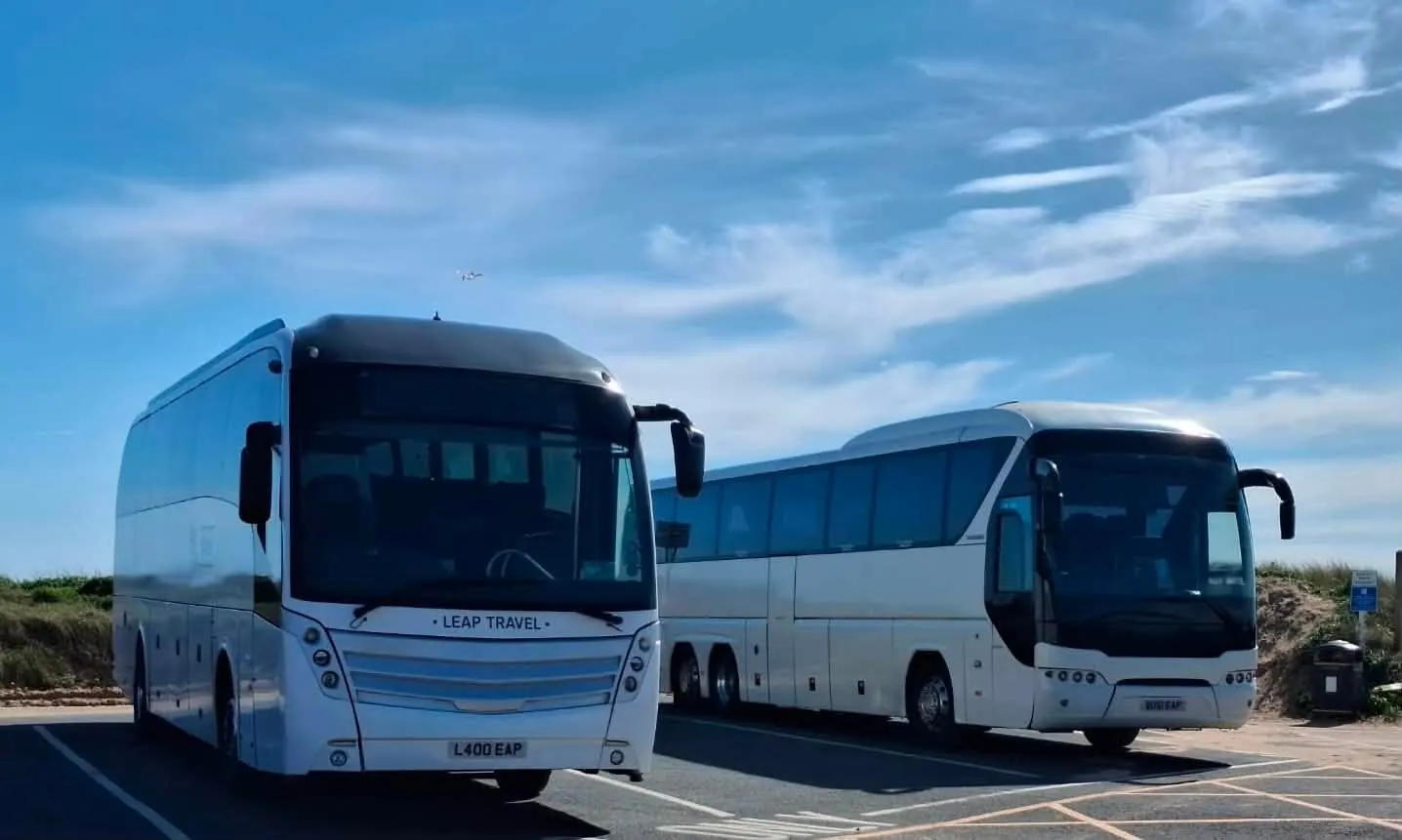 Leap Travel Levante and Tourliner coaches parked side by side